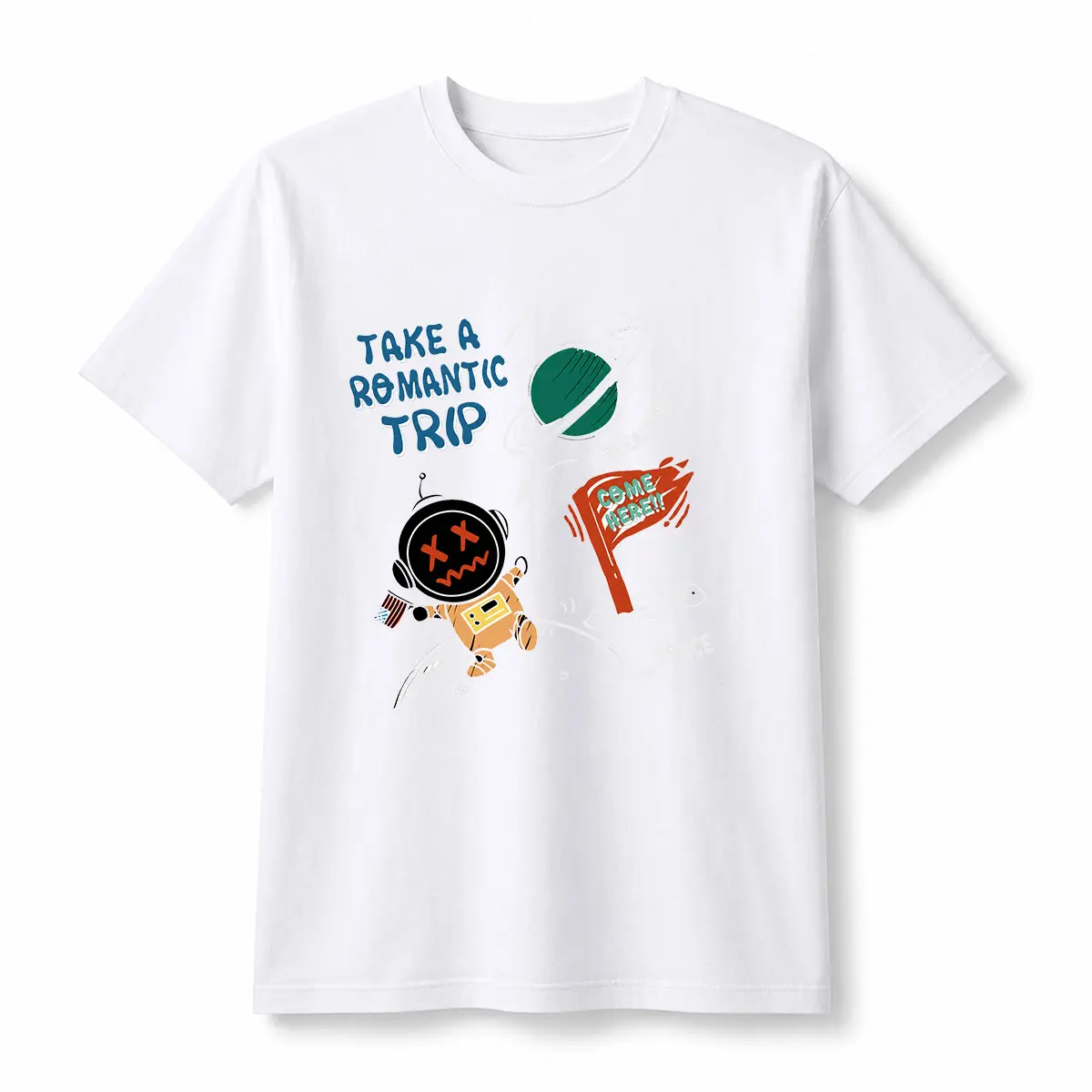 Unisex Space Robot Graphic Tee, Take A Romantic Trip Print T Shirt, Cute Sci Fi Short Sleeve Cotton Shirt