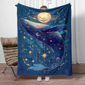 1Pc Dream Whale Print Throw Blanket - Lightweight Flannel Fleece, Soft Warm Digital Printed Cover For Sofa, Bed, Travel, Couch, Chair - Machine Washable All-Season Polyester Fiber Blanket For Living Room, Office, Camping - Perfect Gift For Movie Nights &