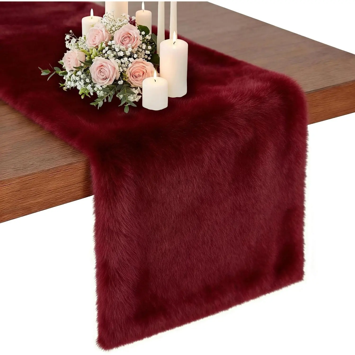 Burgundy Faux  Dresser Runner, Soft  Coffee Table Nightstand Cover | Wedding Holiday  Desk Decor 11.8 in x 31.5 in, No-Shedding, Anti-Slip Suede Backing