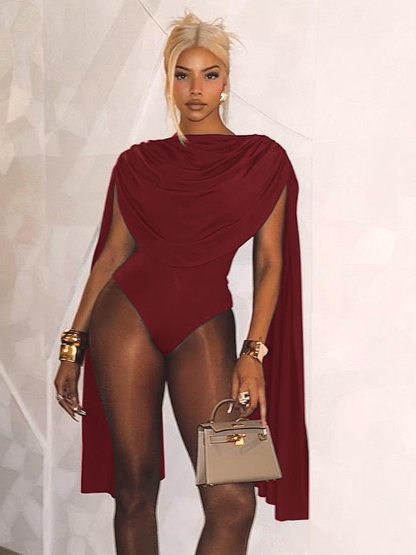 Women's Solid Color Bodysuit, Fashion Minimalist Casual Cowl Neck Bodycon Bodysuit for Nightlife, Women's Clothes for Summer