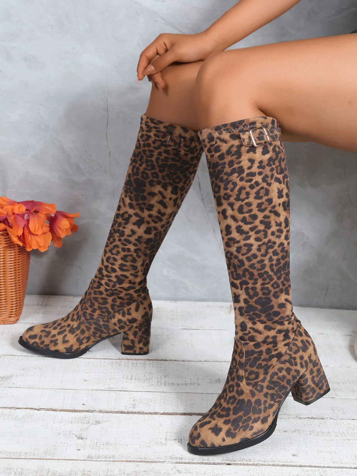 Women's Leopard Print Over-The-Knee Boots, Casual Suede Rubber Sole, Fall Winter Fashion, Stylish Buckle Detail, Perfect for Daily Wear