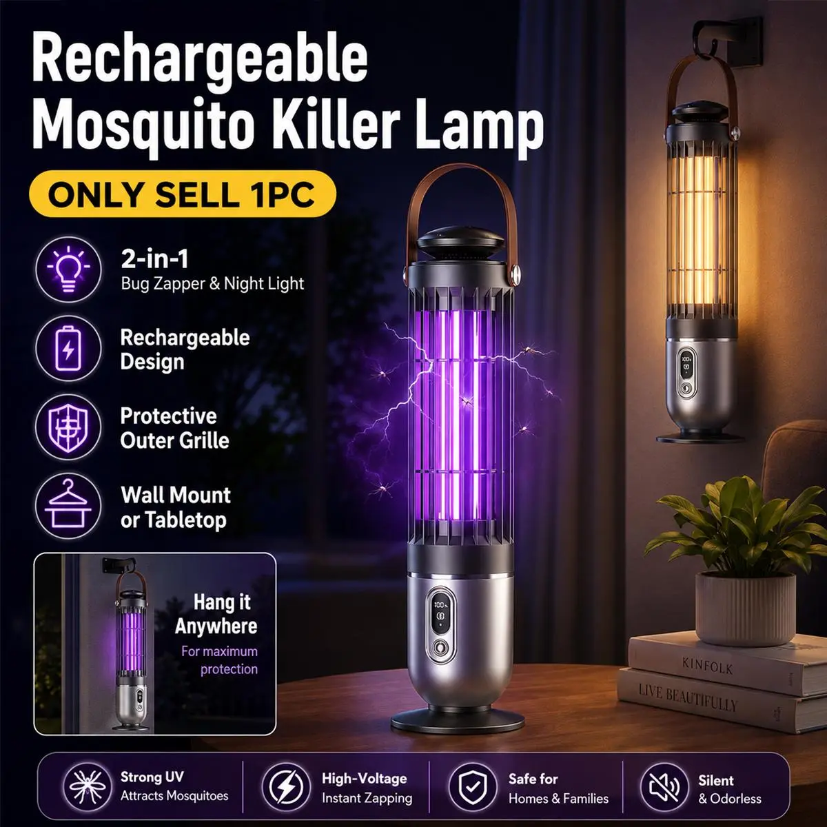 Rechargeable Electric Mosquito Killer Lamp, 2-in-1 UV Bug Zapper Lantern with Night Light, Portable Hanging Fly Trap, Safety of pet children, for Indoor Outdoor Camping, Patio, Garden, Bedroom, Porch, Travel, Balcony, Yard and Tent Use