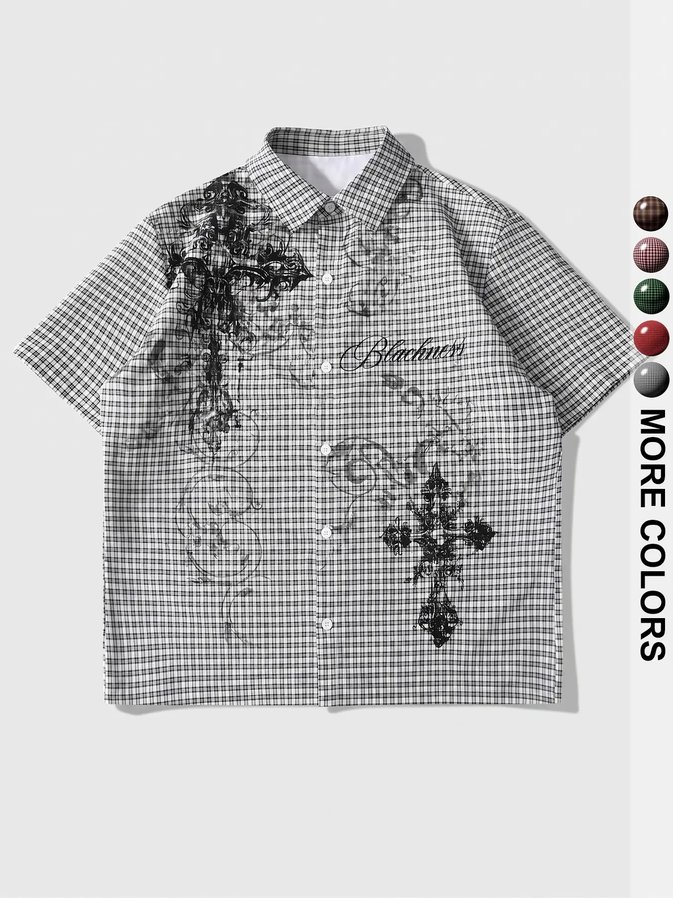 Y2K Angel checkered shirt, Casual buttons collared, retro Gothic cross Graphic pattern, cropped short sleeved buttons, retro streetwear, casual summer top, avant-garde aesthetics for men and women, viral TikTok style!