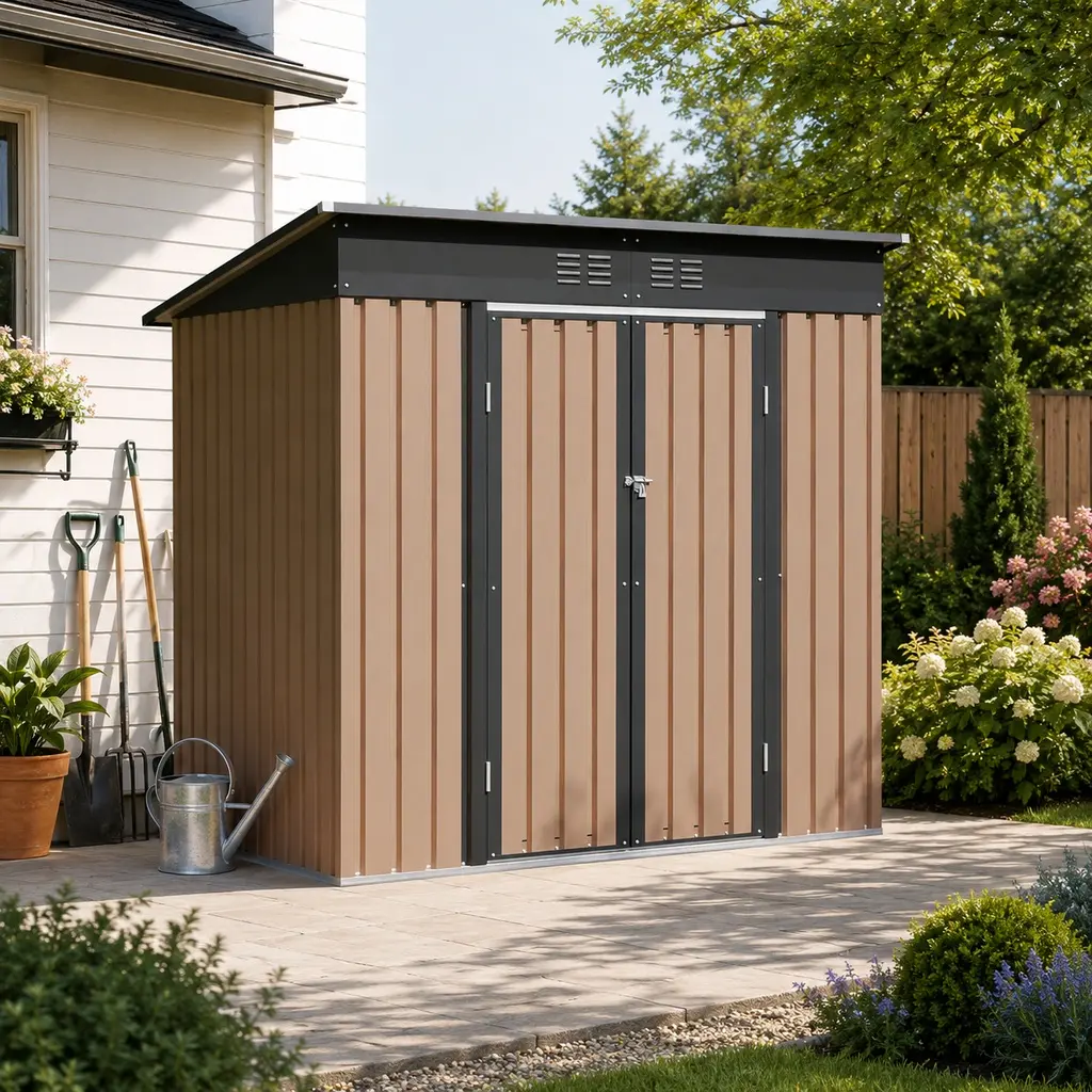 ARCH 6x4 FT Metal Garden Storage Shed Brown Outdoor Tool Shed with Hinged Door and Pent Roof, Galvanized Steel Utility Shed for Patio Backyard Lawn, Rust-Resistant Lockable Storage Shed for Lawn Mower, Bikes, Tools, 6x4 Feet, Brown Color Options
