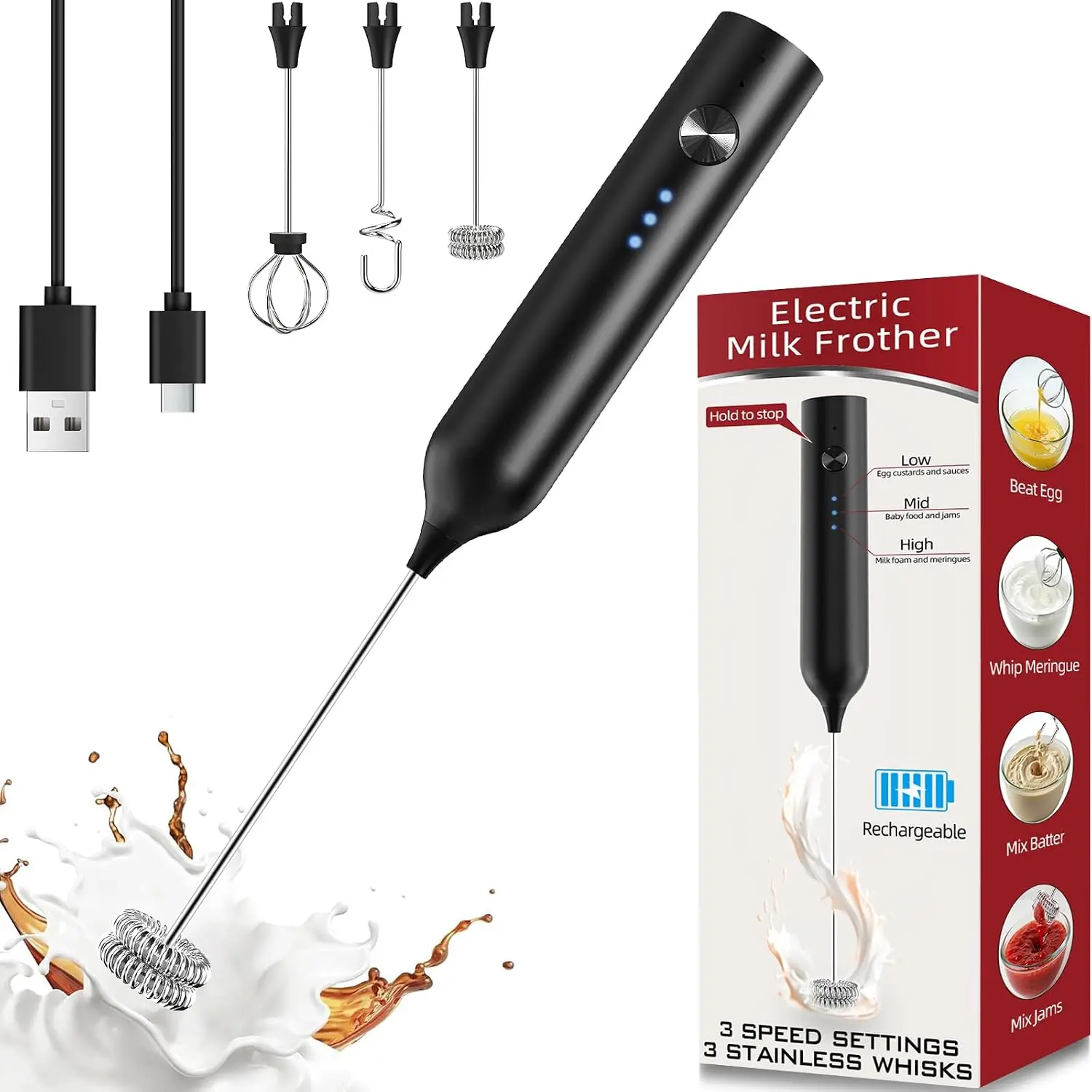 Milk Frother, Rechargeable & Handheld Frother Wand for Coffee, Black |  3 Speed Adjustable Drink Mixer, 3 Stainless Whisks for Matcha, Lattes, Cappuccino, Egg, Electric Whisk  Maker
