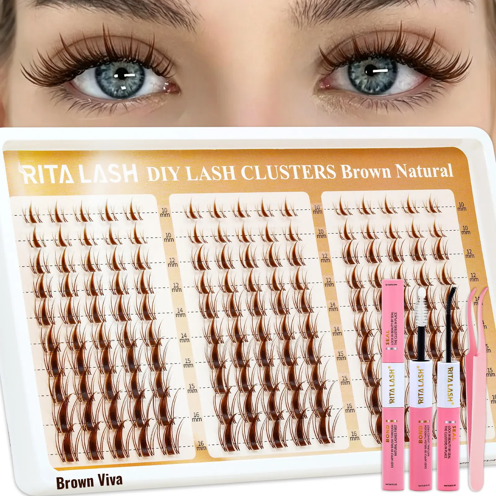 Brown Viva | RITALASH 150pcs Brown Lash Clusters Manga Eyelash Extensions 10-16MIX Mixed Lash Clusters Spiky Cluster Lashes Fairy Individual Lashes Anime D Curly Eyelashes DIY at Home Voluminous Eyelash Kit with Bond&Seal and Tweezers Lash Extension Set