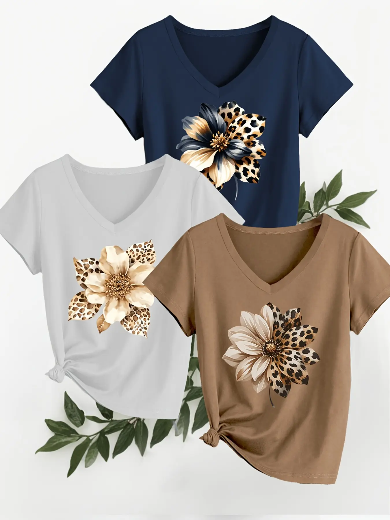 Three-Piece Summer Comfort V-Neck Floral Print T-Shirt Set, Simple Leopard Flower Print Women's Daily Commute Short Sleeve Top, Casual Fashion