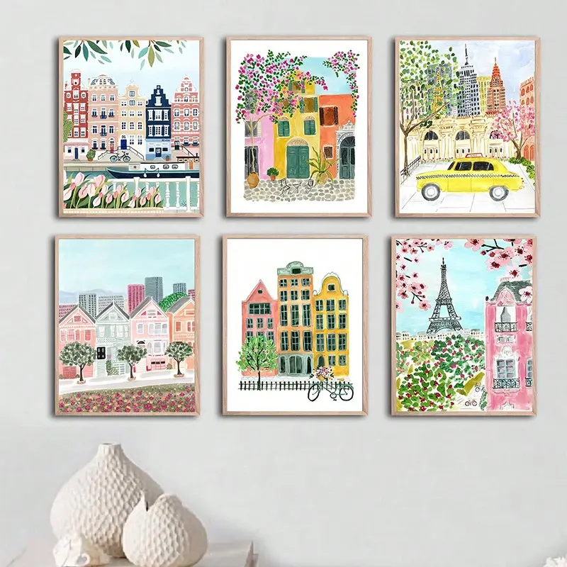 6 Pcs/set Wall Poster Set, Nordic Watercolor Art, Plant Floral Architecture Townscape, Living Room Bedroom Office Decor, Modern Home Decoration, Unframed