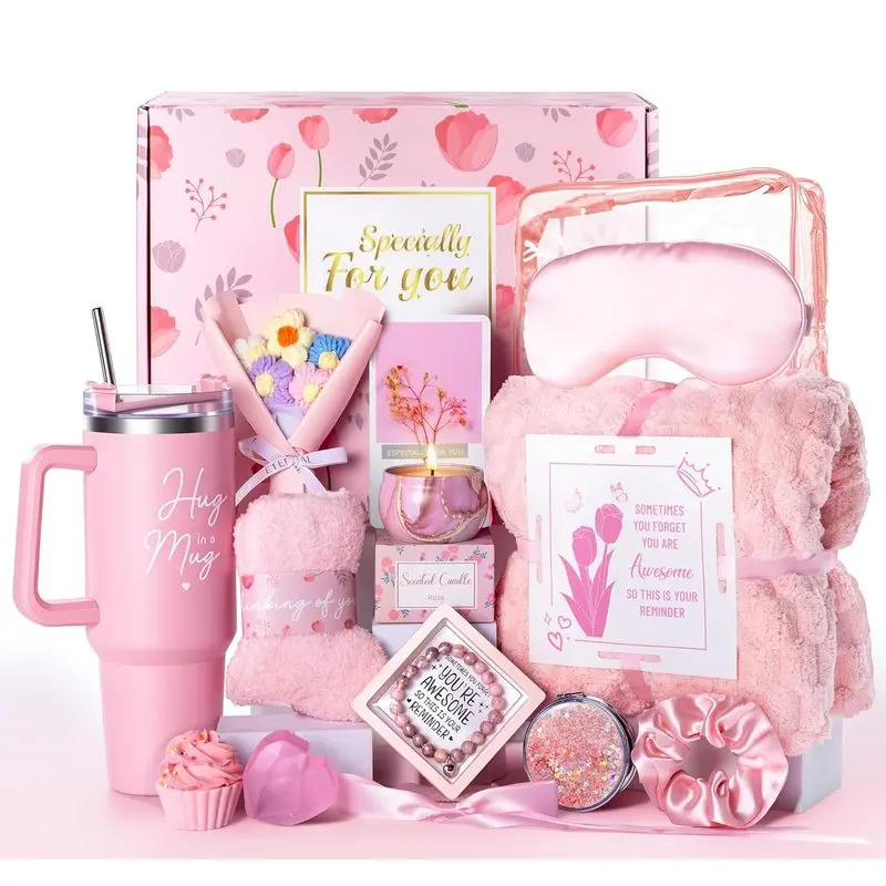 15 Pcs Get Well Soon Gift Basket, Birthday Gifts for Women, Pink |   Care Package with Soft Blanket & Insulated Tumbler, For Mom, Wife, Friend