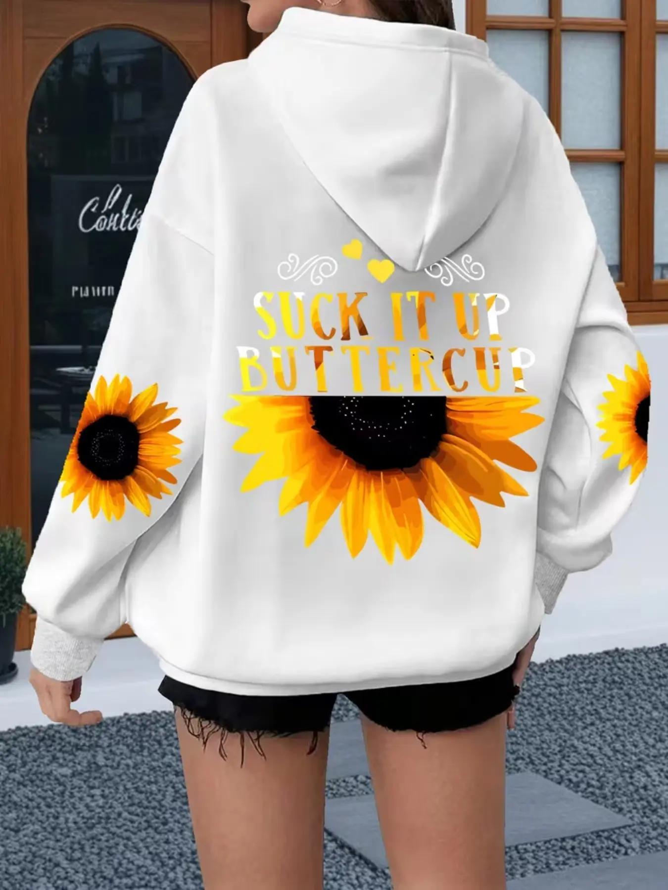 Casual Hooded Sweatshirt with Sunflower Heart Print, Long Sleeve Hoodie with Pockets, All over Print, Loose Fit, Fall Winter Fashion