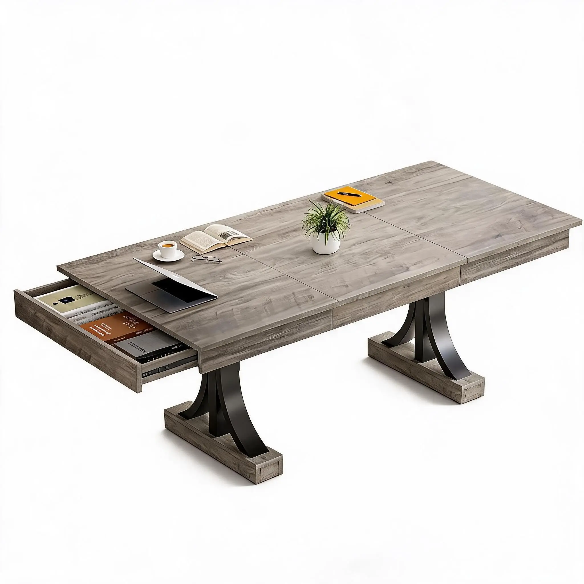 71-Inch Rectangular Wooden Dining Table - 6-8 Seater with 2 Drawers, Large Tabletop, Double Pedestal Frame, Ideal for Dining Room, Kitchen - Rustic Gray, Black, Natural Finishes