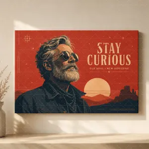 "Stay Curious" Retro Western Canvas Wall Art, Vintage Cowboy with Sunglasses Print, Aesthetic Living Room Bedroom Decor, Motivational "Old Soul New Horizons" Statement Poster Gift,wall decor,poster.