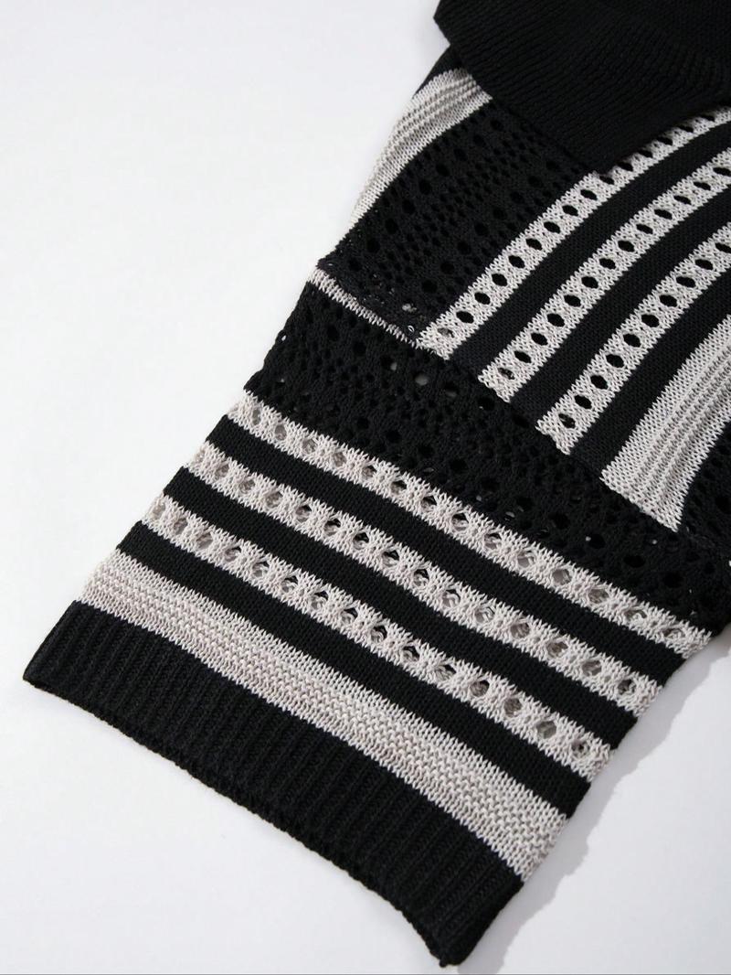 Men's Striped Print Short Sleeve Cardigan, Loose Casual Open Front Knitwear for Spring & Summer, Fashion Men's Knit Clothing for Daily Wear, Tops