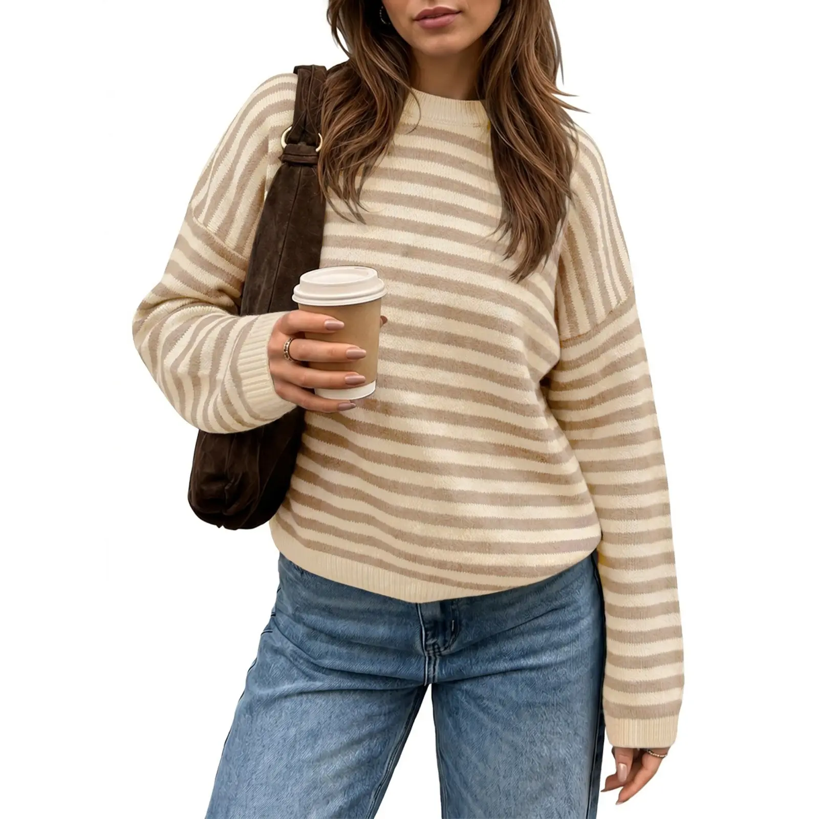 Saodimallsu Womens Fall Oversized Sweaters Striped Knit Casual Crew Neck Long Sleeve Trendy Pullover Sweater Tops