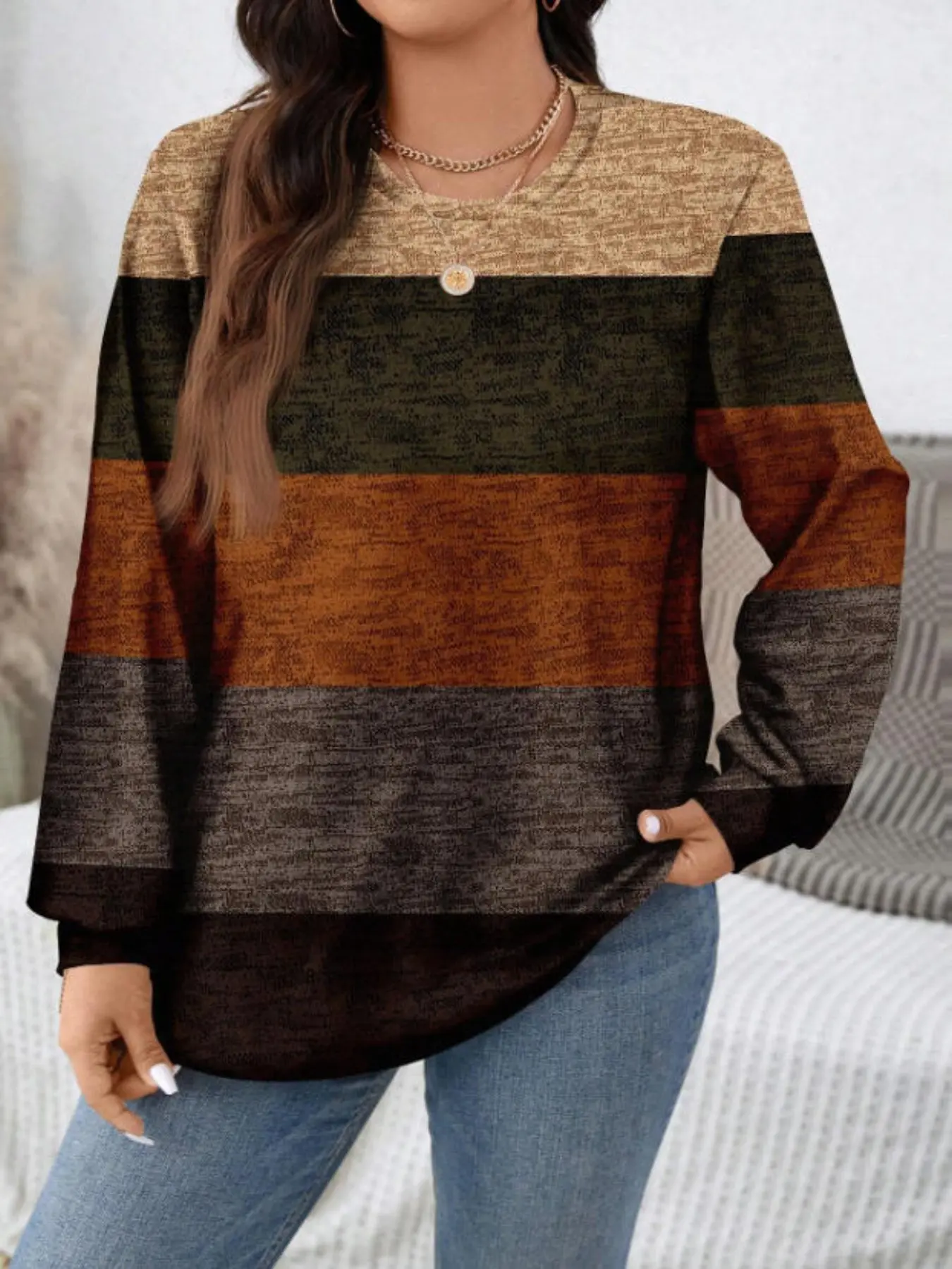 Plus Size Elegant Lantern Sleeve T-Shirt, Spring Fall Women's Striped Colorblock Print Round Neck Top, Casual Tank Tops