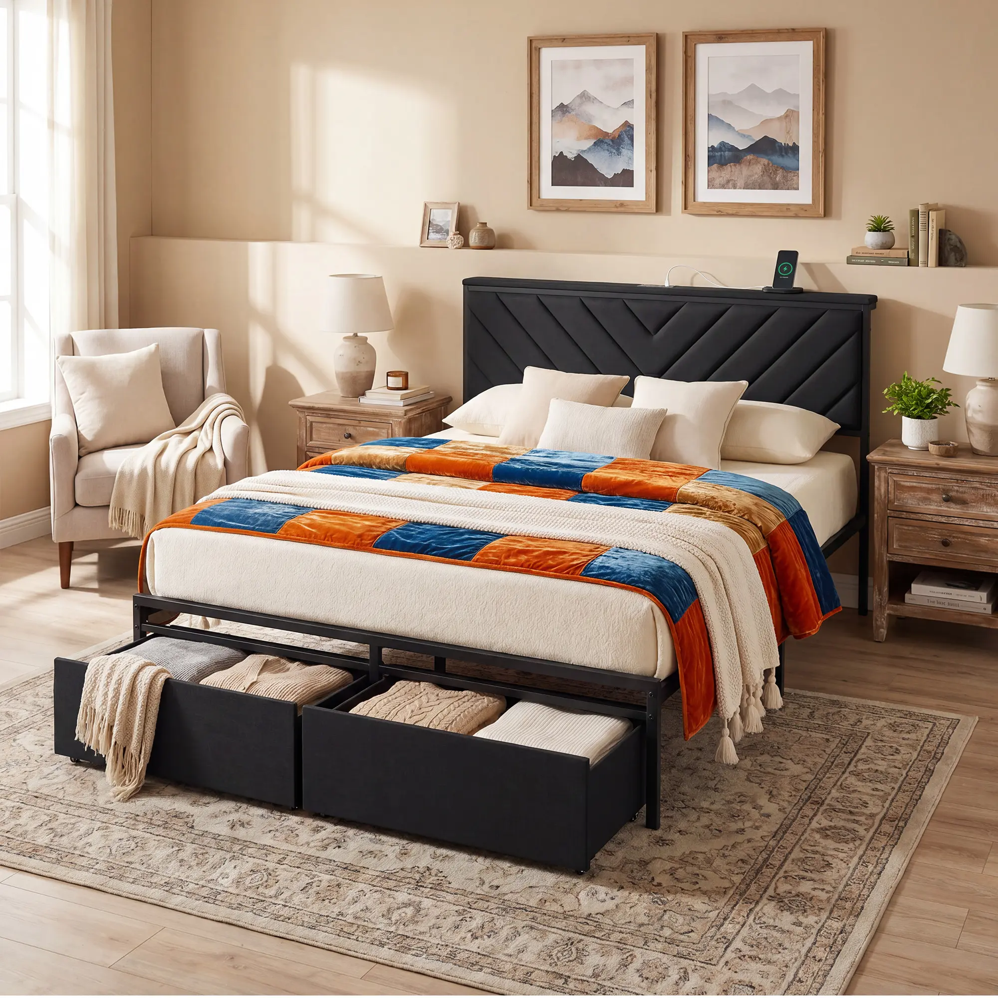 Hosslly Twin/Queen Size Furniture Bed Frame - Black/Grey Platform Bed Design with Storage Headboard, 2 Rolling Drawers & Charging Station, No Box Spring, Modern Bedroom Furniture