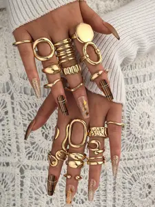20 Pcs Women's Fashion Wide Band Rings, Bohemian Chunky Hollow Out Multi-Layer Stackable Ring Set, Casual All Seasons Jewelry Gift