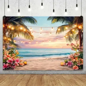 Summer Hawaiian Beach Backdrop Party Background Cloth, Tropical Aloha Tapestry Wall Hanging Photography Background Premium Polyester Fabric, Ocean Holiday Decor, Luau Party Setup, Photo Studio Prop, Vacation Celebration Background