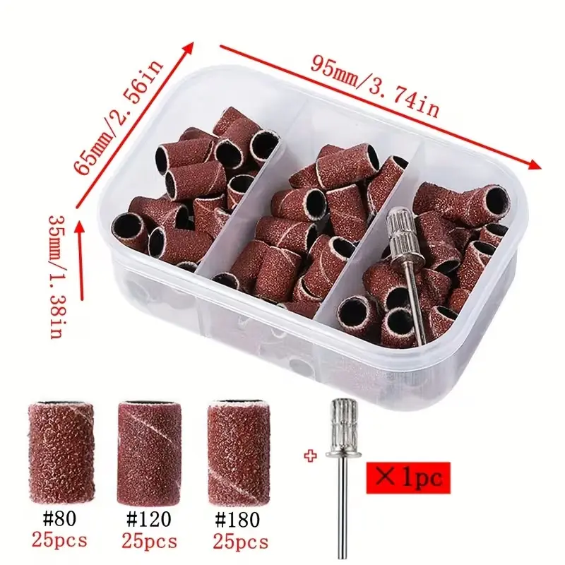 75pcs Sandpaper Bands, Including Drum Sanding Machine Sanding Set And 1 Sanding Head, Used for Rotating Sanding Tools, Nail Polishing, Nails Supplies, 80/ 120/ 180Grit Models, Brown/ White/ Black Sanding Rings, Sanding Roll Paper