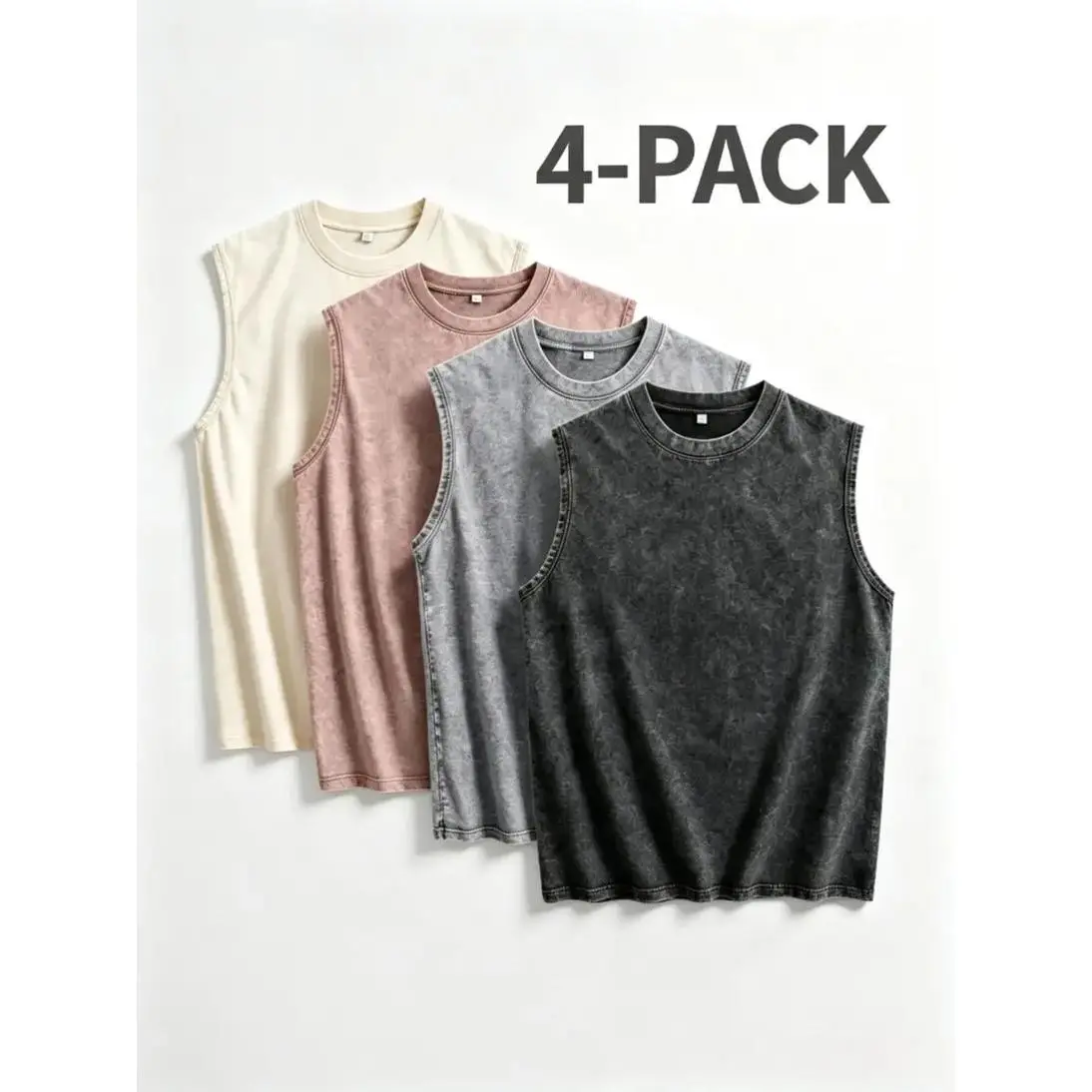 4PACK 210G Mens Workout Tank Tops Sleeveless Tee Shirts Men Muscle Shirt Gym Acid Wash T Shirts Running Beach Loose Fit Tee summerwins  Daily Wear