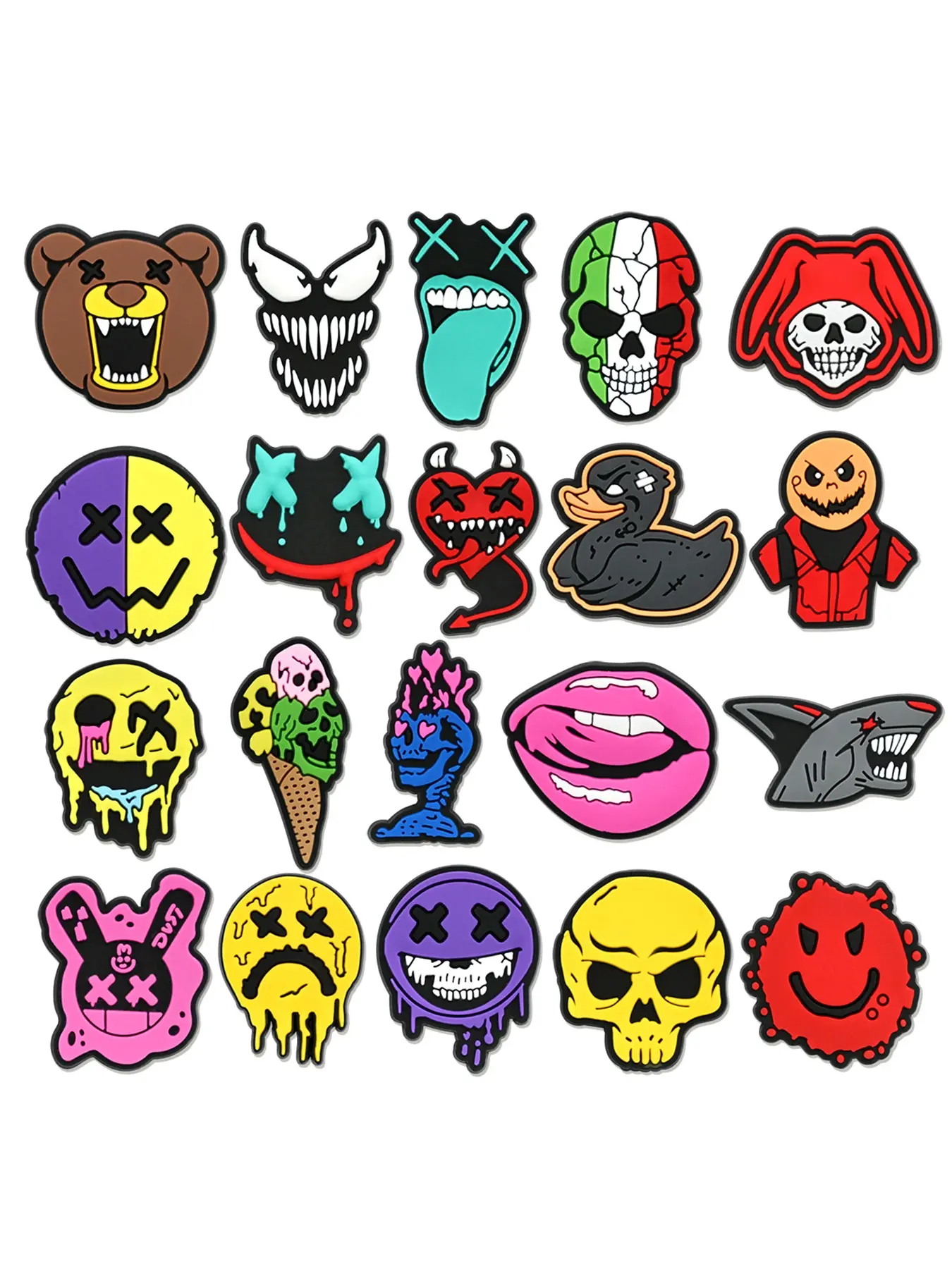 20pcs Cartoon Halloween Skull grimace horror Shoe Decor, PVC Shoe Accessories, DIY Waterproof Detachable Sandal Strap, Kids Christmas Gift