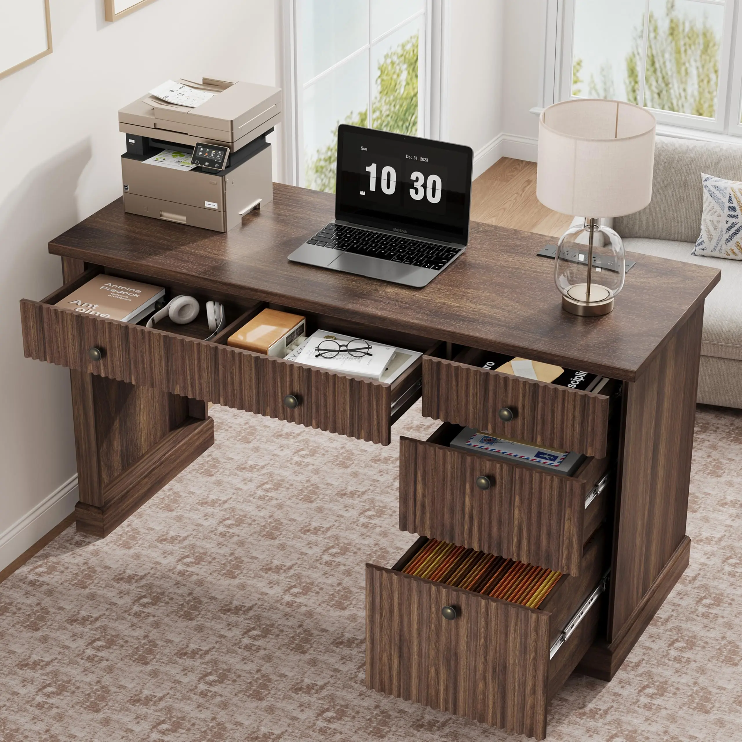 54in Modern Fluted Executive Desk, Wooden Computer Writing Table with Drawers, Cabinet & Charging Station, Multi-Functional Workstation for Home Office