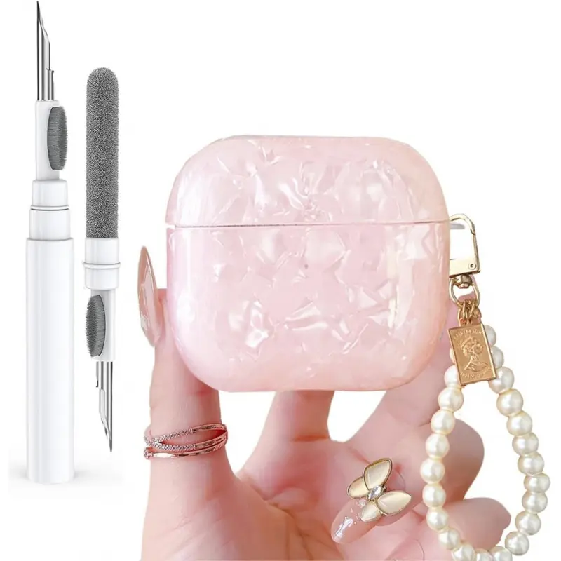for Cute Glitter Airpods 4 Case 2024 with Cleaner Pen, Shell Pattern Apple Airpods iPod 4th Generation Case Cover Protective Skin Girl Women with Luxury Pearl Keychain, Pink