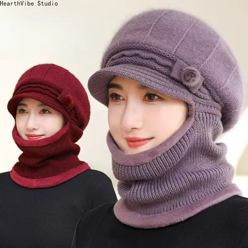 Women's Thick Thermal Windproof Fleece-Lined Knit Newsboy Hat with Neck Warmer - Unisex Wear Balaclava Beanie, Elegant Bowknot Pompom, Senior Gift for Outdoor Sports