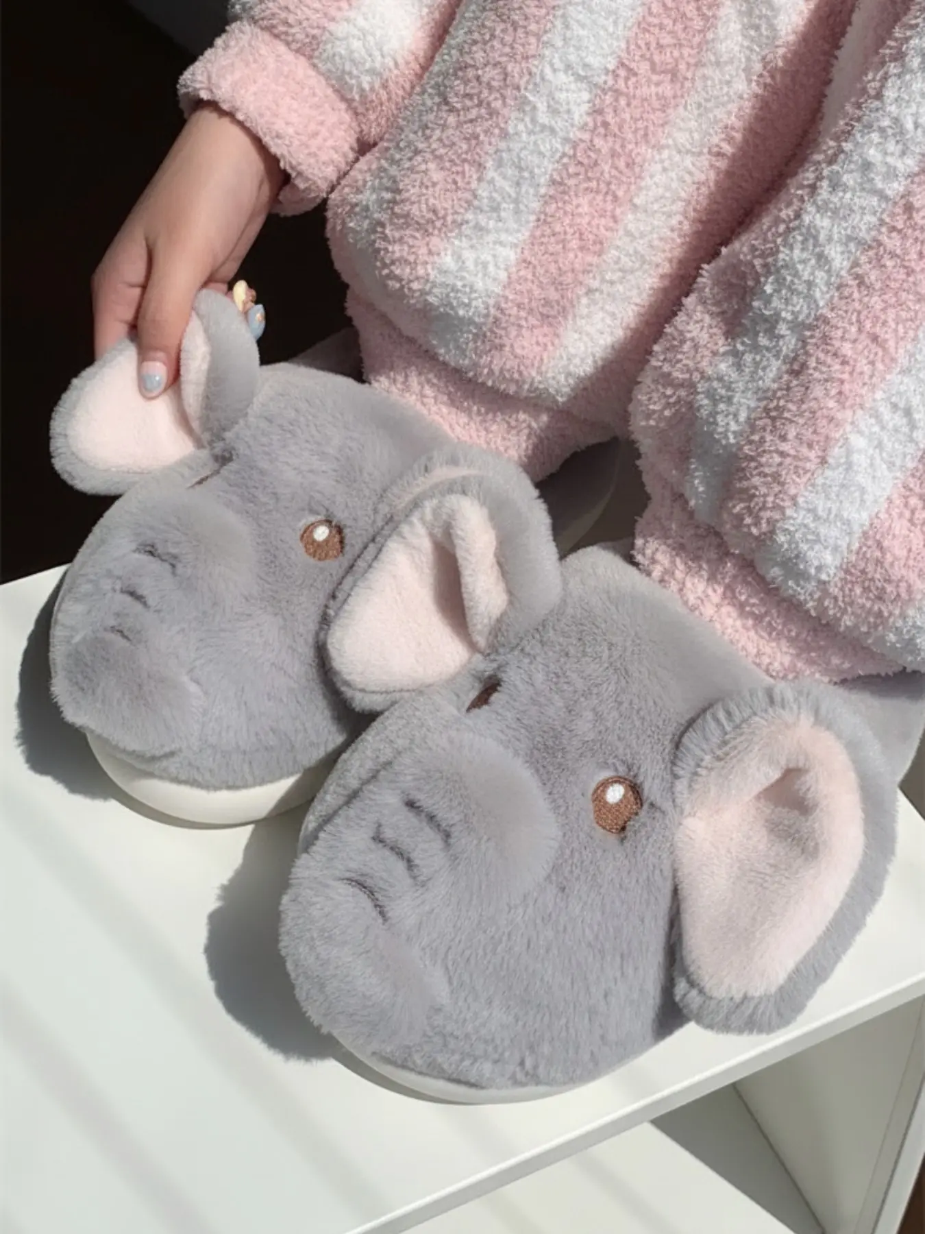 Plush Warm Indoor Slippers, Soft Sole Cotton Shoes, New Creative 3D Elephant Design, Winter Closed-Toe Cotton House Boots for Women