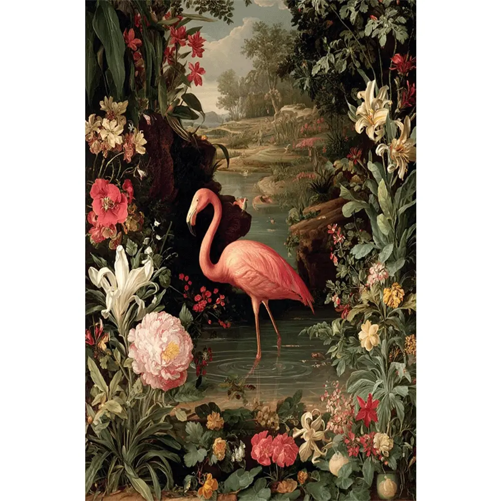 1PC,2D Flamingo in Tropical Garden Diamond Painting Kit DIY Rhinestone Embroidery Craft for Home Decor with Colorful Flowers and Serene Pond Scene Sparkling Crystal Art Supplies for Adults and Kids Creative Handmade Gift Idea