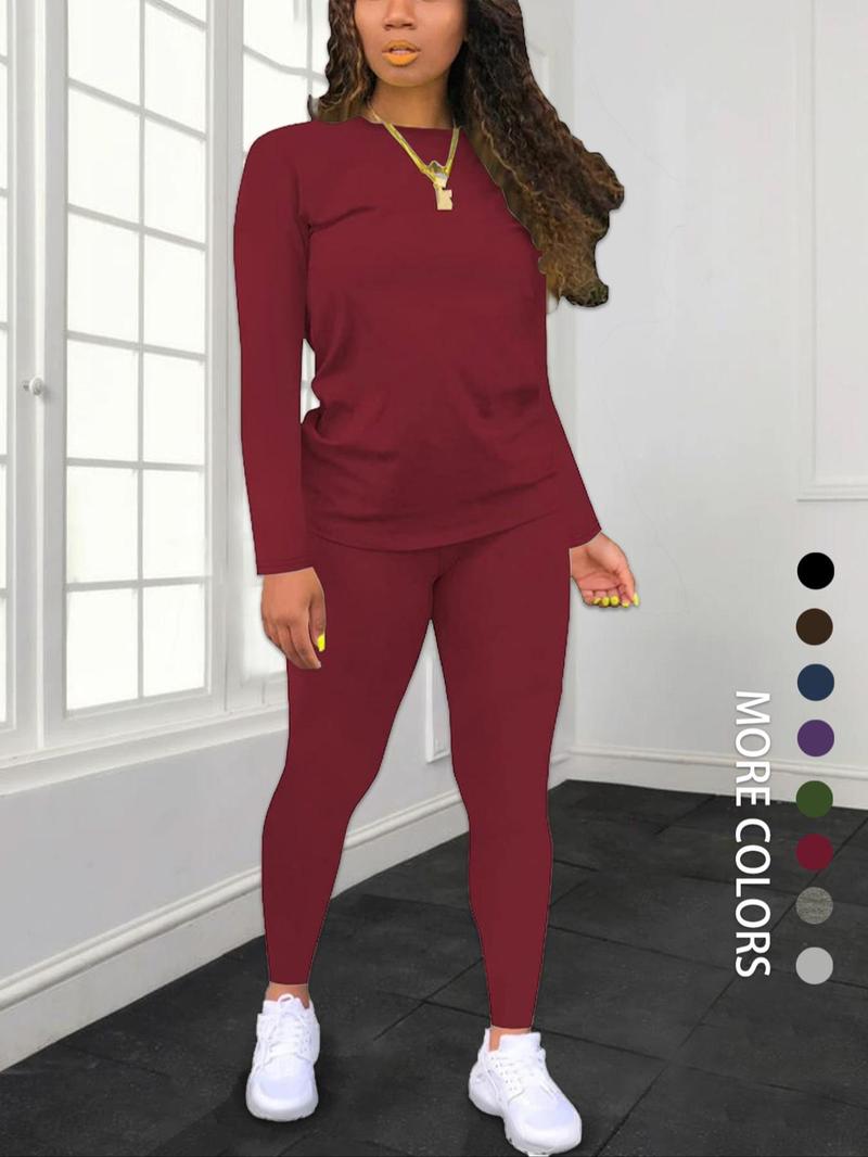 Women's Minimalist Chic Solid Long Sleeve Tee & Elastic Waist Pants Set, Lady Regular Fit Basic Casual Fitted Round Neck Longsleeves Top & Trousers for Spring & Fall, Women's Clothing for Daily Wear, Fabric Womenswear, Casual Loungewear Set