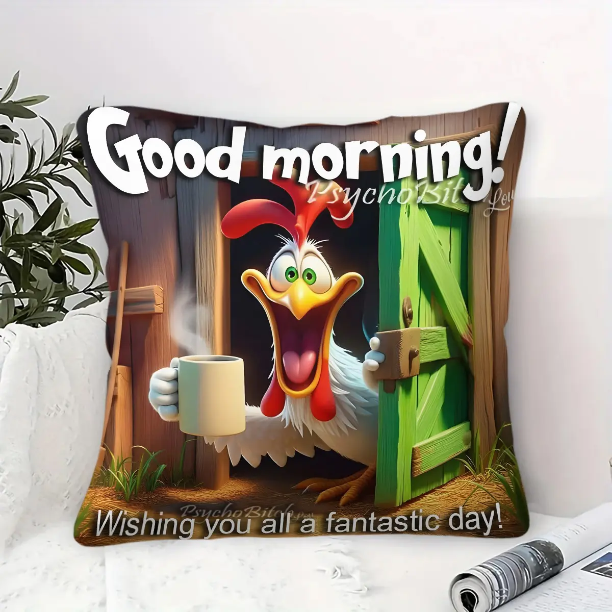 "Good Morning" Cartoon Rooster Coffee-Accent Pillow  – Rustic Farm Animal Print Throw Pillow – Cozy Country-Style Sofa Cushion – Perfect for Animal Lovers, Farm Life Enthusiasts, and Children's Holiday Gifts (1 Piece, Insert Included)
