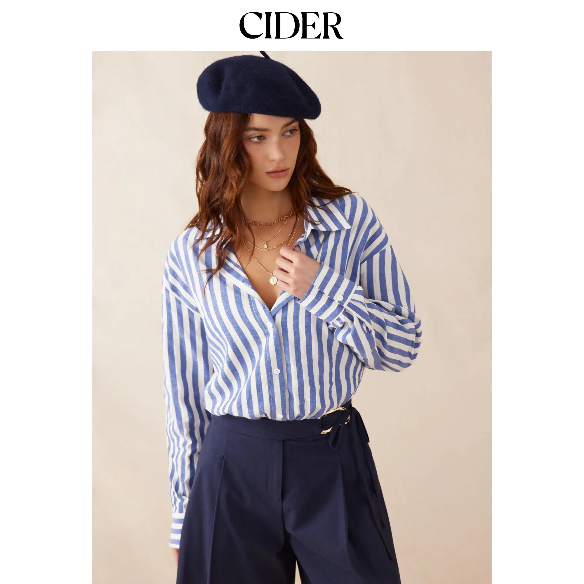 Cider Linen-blend Long Sleeve Striped Color-Blocking Shirt Bodysuit