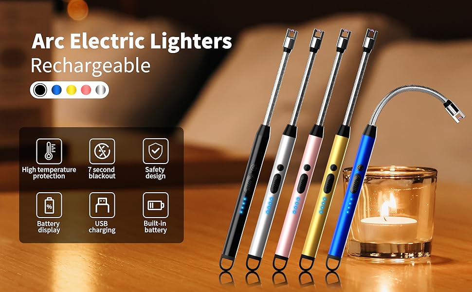 2-Pack Rechargeable Electric Candle Lighters, Flameless Windproof Long with 360° Flexible Neck and LED Display for Candles, Camping, BBQ & Fireplace(Black)