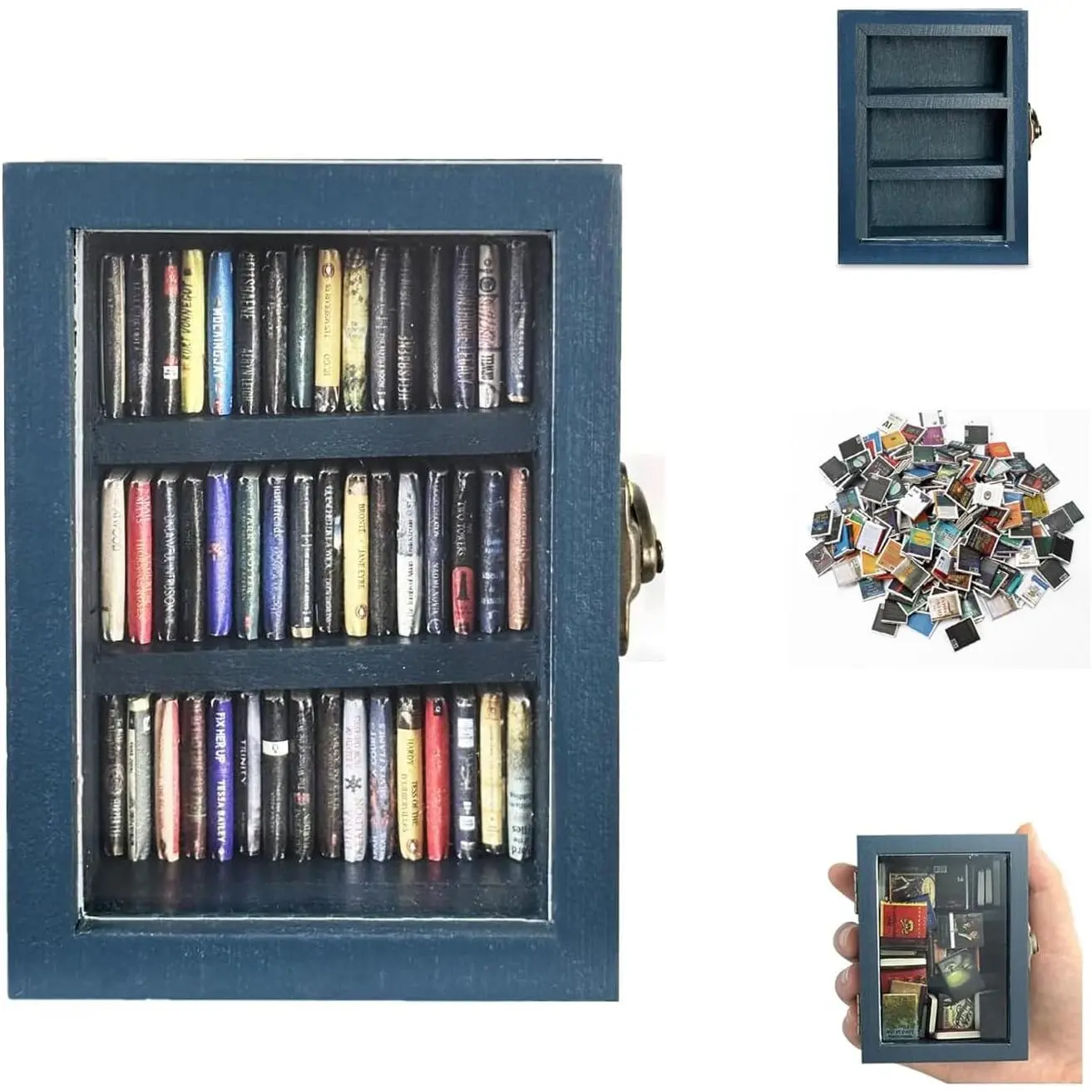 Anxiety-Relief Mini Bookshelf Decor - Small Shelf with 60 Pcs Mini Book Spines, Library Decor for Office Home, Book Lovers' Statue Figurine Home Supply