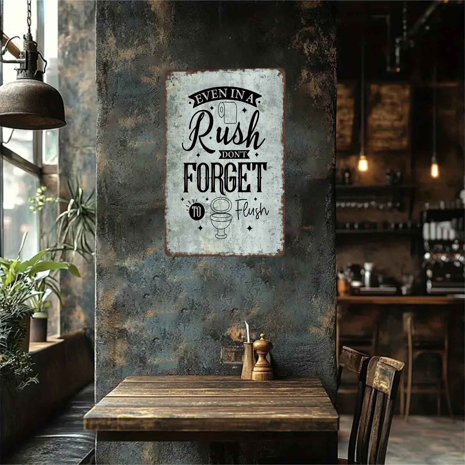 8x12 Inch Aluminum Metal Sign - "Even In A Rush Don't Forget To Flush" Vintage Bathroom Rules Decor |   Ideal for Home, Bar, Restaurant, Diner, and Public Restrooms |   Retro Rustic Tin Plaque, Easy to Mount, Timeless Bathroom Accessory