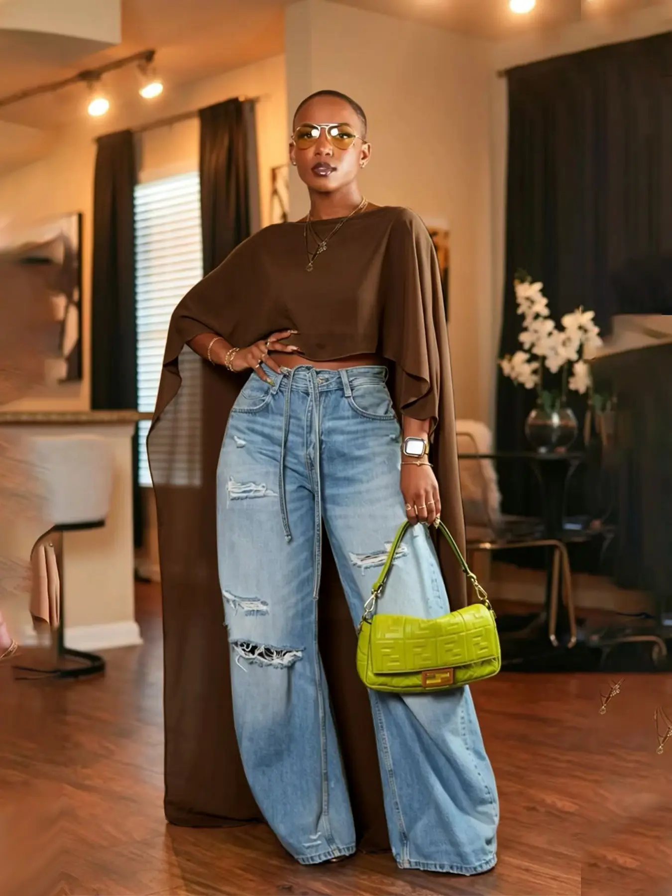 Tw896 Fashionable Women's Elegant Spring Fall Versatile Loose Fit Long Cape Coat, Batwing Sleeve Flowy Design, Stylish Outerwear