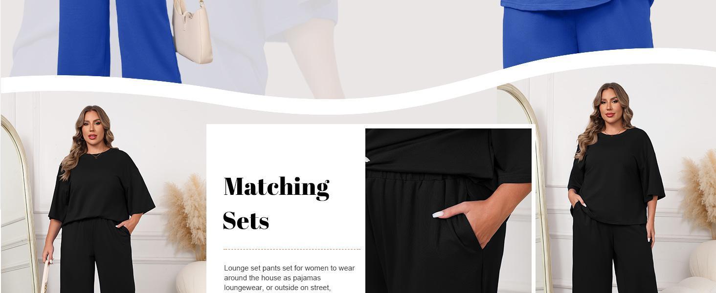 【1XL-5XL】Plus Size Curve Imily Bela Curve Womens Plus Size 2 Piece Outfits 3/4 Sleeve Tops and Wide Leg Pants Loungewear Pajamas Sets