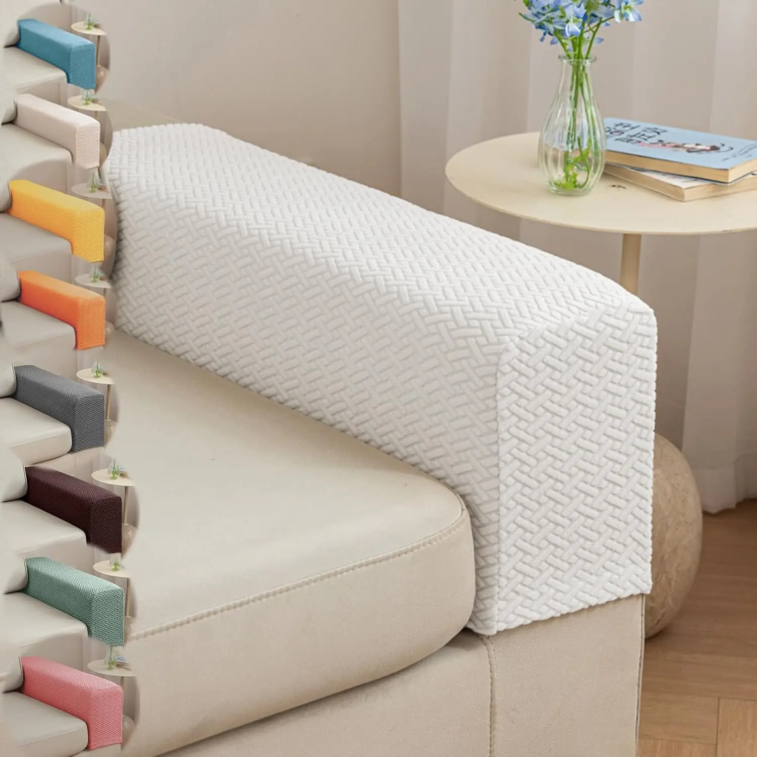 2 Pack Elastic Sofa Armrest Slipcovers, Anti-Scratch Furniture Arm Protective Covers, Washable Polyester Arm Caps Fit Recliner, Loveseat, Sectional Sofa, Off White Medium Size