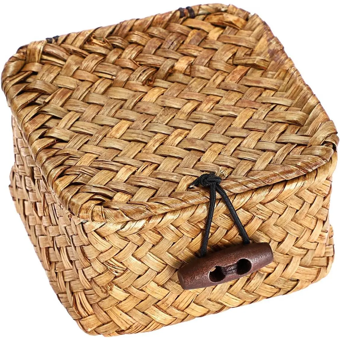 Handwoven Wicker Basket Box with Lid Small Seagrass Desk Organizer | Multipurpose Baskets Organizer for Remote Control Key, Rectangular Basket Box for  Decor, Caramel 3.5" x 3.5" x 2"