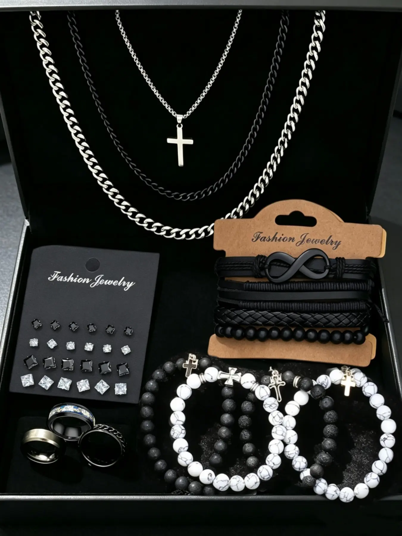 39-Piece Stainless Steel Fashion Jewelry Set with Gift Box, Complete Accessories Set, Hip Hop Punk Retro – Cross Necklace, Cuban Chain, Bracelets, Rings & Earrings, Geometric Zircon Accessories, Birthday Gift
