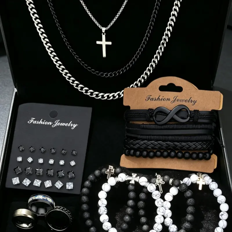 39-Piece Stainless Steel with Gift Box, Complete Accessories Set, Fashionable Jewelry Set, Hip Hop Punk Retro – Cross Necklace, Cuban Chain, Bracelets, Rings & Earrings, Geometric Zircon Accessories, Birthday Gift