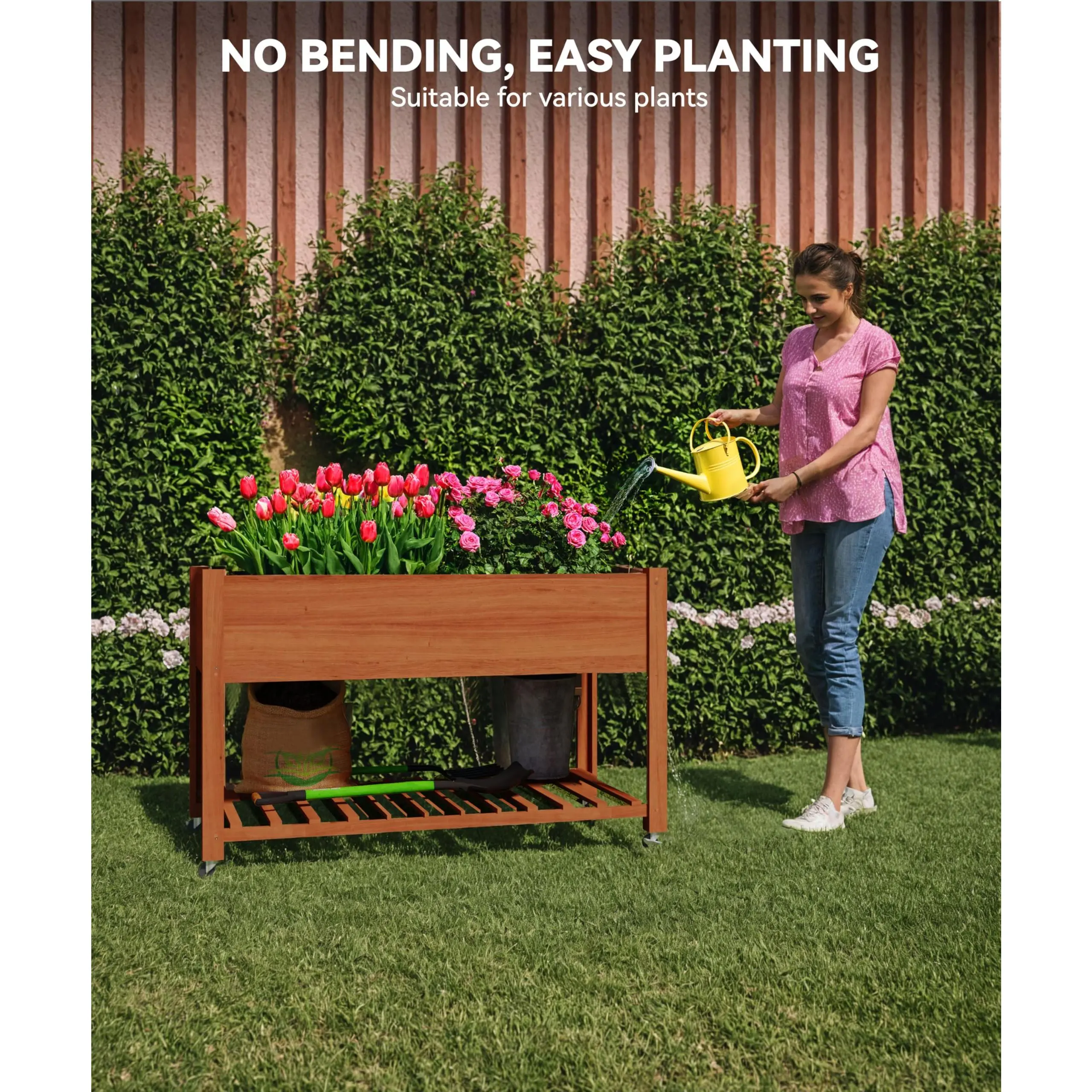 Elevated Wooden Raised Garden Bed with Wheels, Outdoor Large Patio Planter Box with Storage Shelf, Protective Liner & Lockable Wheels for Plants, Vegetables, Flowers & Fruits