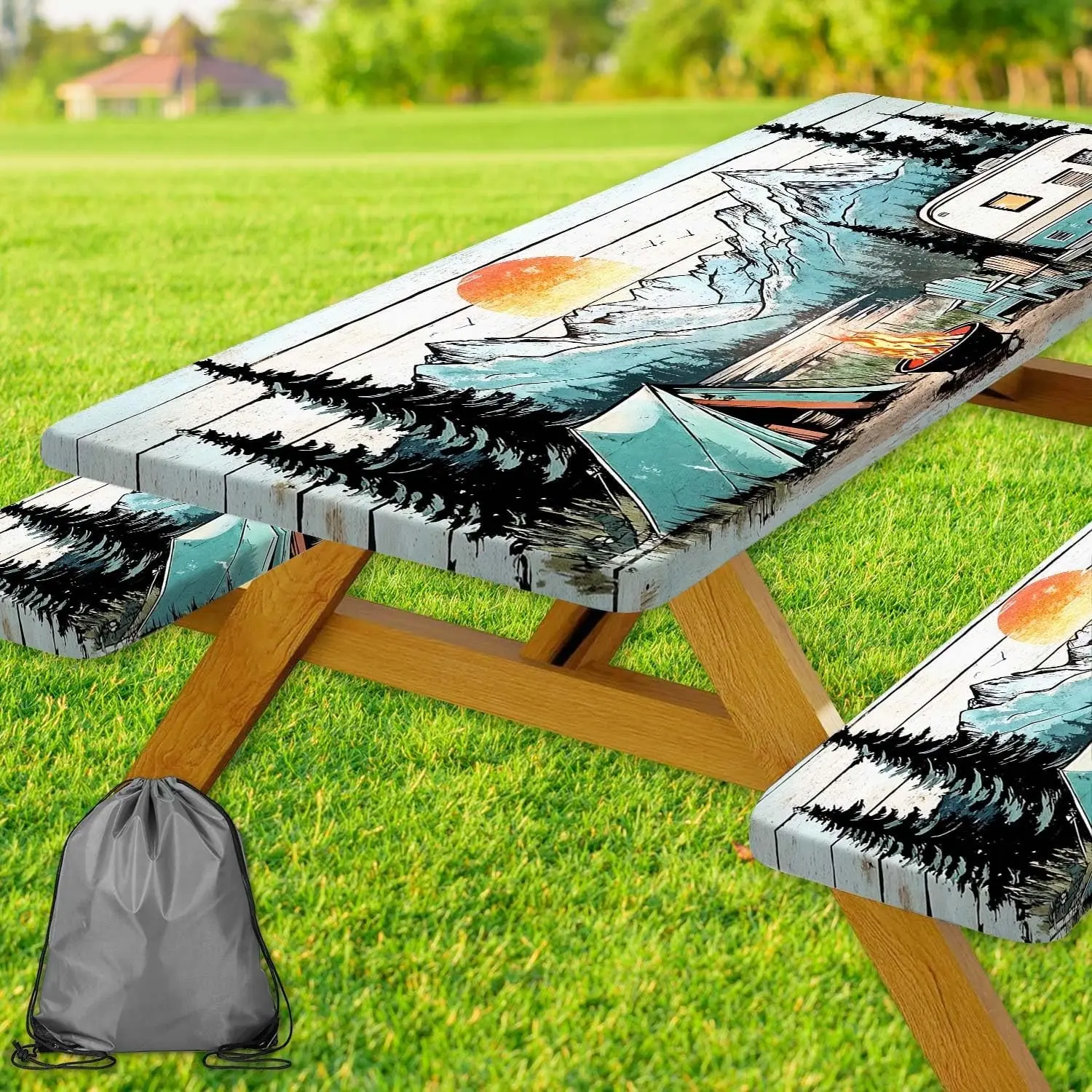 Picnic Table Cover with Bench Covers and Bag, Wooden Camper Waterproof Windproof, Fitted Tablecloth Cover with Elastic Edge, for Indoor & Outdoor, Garden, Camping, 3 Pieces Set, 30x72 Inch