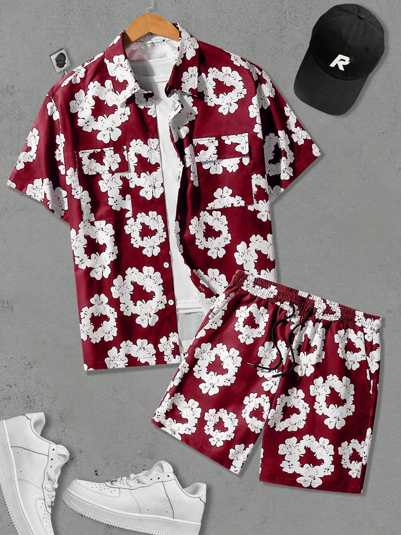 Men's Floral Print Shortsleeve Top & Shorts Two-piece Set, Regular Fit Casual Fashion Cozy Short Sleeve Collared Top & Track Shorts for Daily Outdoor Wear, Menswear for Summer, Tops Shorts Set