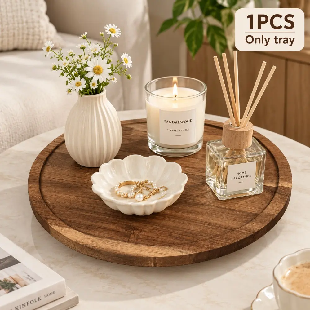Wooden Wind Round Desktop Tray Jewelry Storage Tray Kitchen Dining Room Bathroom Dressing Table Multi functional Decorative Tray