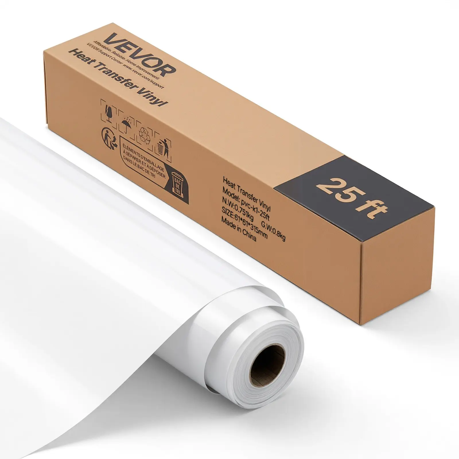 VEVOR Beginner-Friendly Heat Transfer Vinyl Roll, 12 in x 25 ft Glossy White HTV Iron-On, 4-Layer Build, Easy to Cut & Weed, Easy Alignment, Strong Adhesion, Cutting Machine Compatible, for Customized Crafts, Pet Accessories, Type: Roll, 12 Inch X 25 Ft