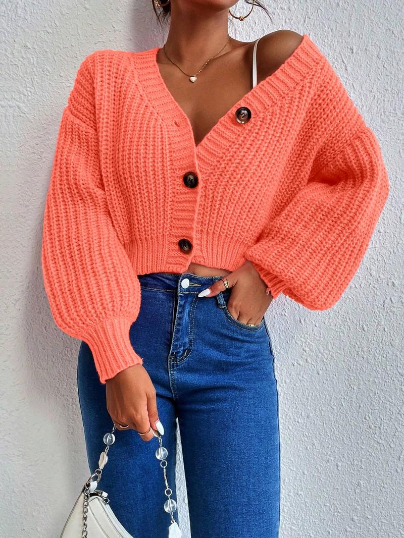 Women's Plain Bishop Sleeve Button Front Cardigan, Lady Casual Long Sleeve V Neck Knitwear for Fall & Winter, Fashion Women's Knit Clothes for Daily Wear, Women's Sweaters, Womenswear, Knitting Tops for Women