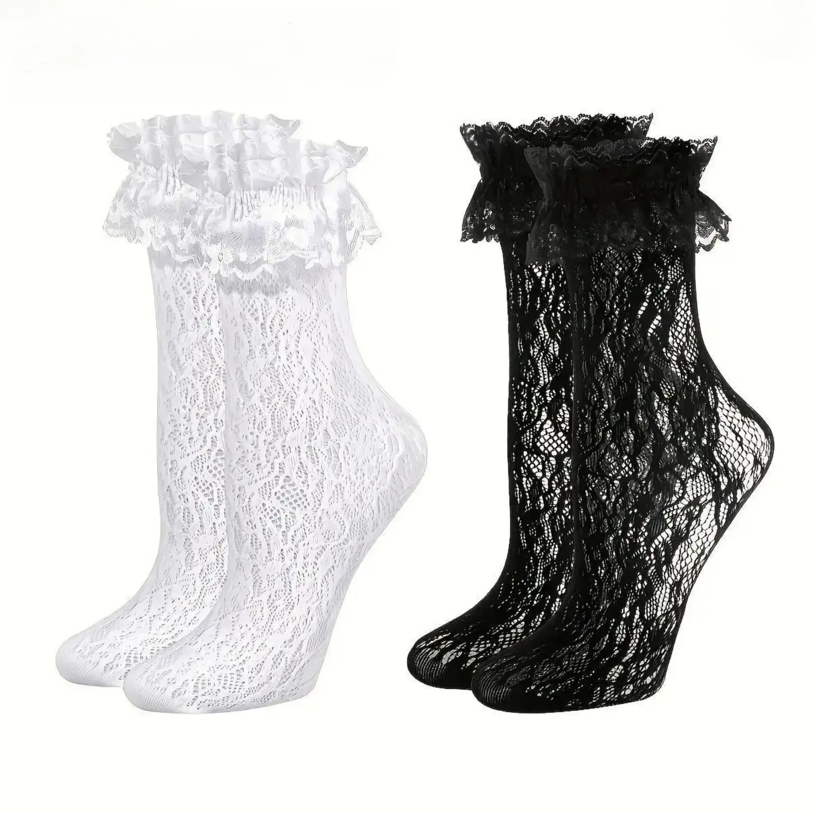 2 Pairs Y2K Lace Crew Socks for Women, Coquette Ruffle Frilly Socks, Balletcore Aesthetic Cotton Dress Socks, Breathable Vintage Style Casual Socks for Daily Outfits, School, Spring, Summer and Travel campingessentials