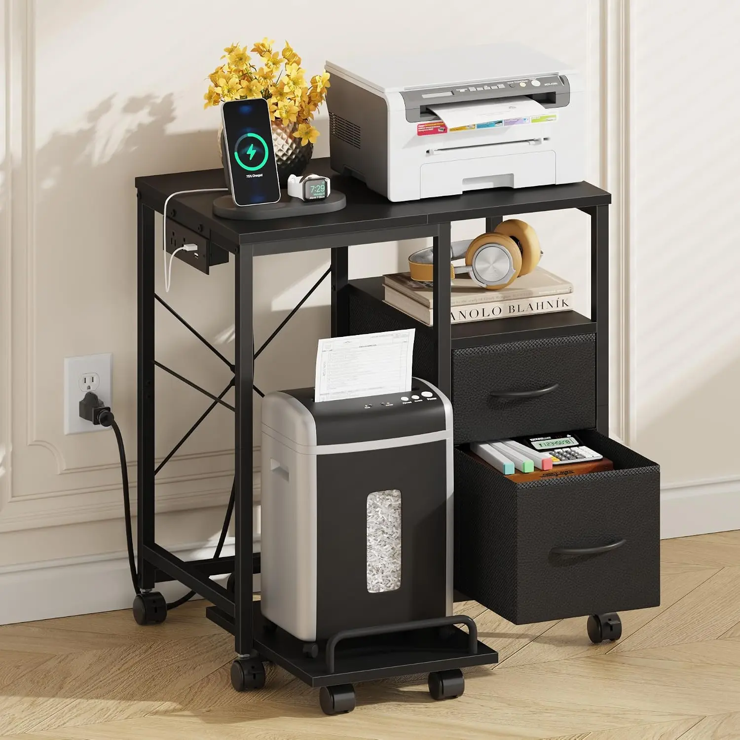 Printer Stand with Power Outlet/Drawers, Printer and Shredder Stand | 22.8"x15"Top,Printer Desk with Storage Shelf,Rolling Table Cart with Lockable Wheels&, Office,Black